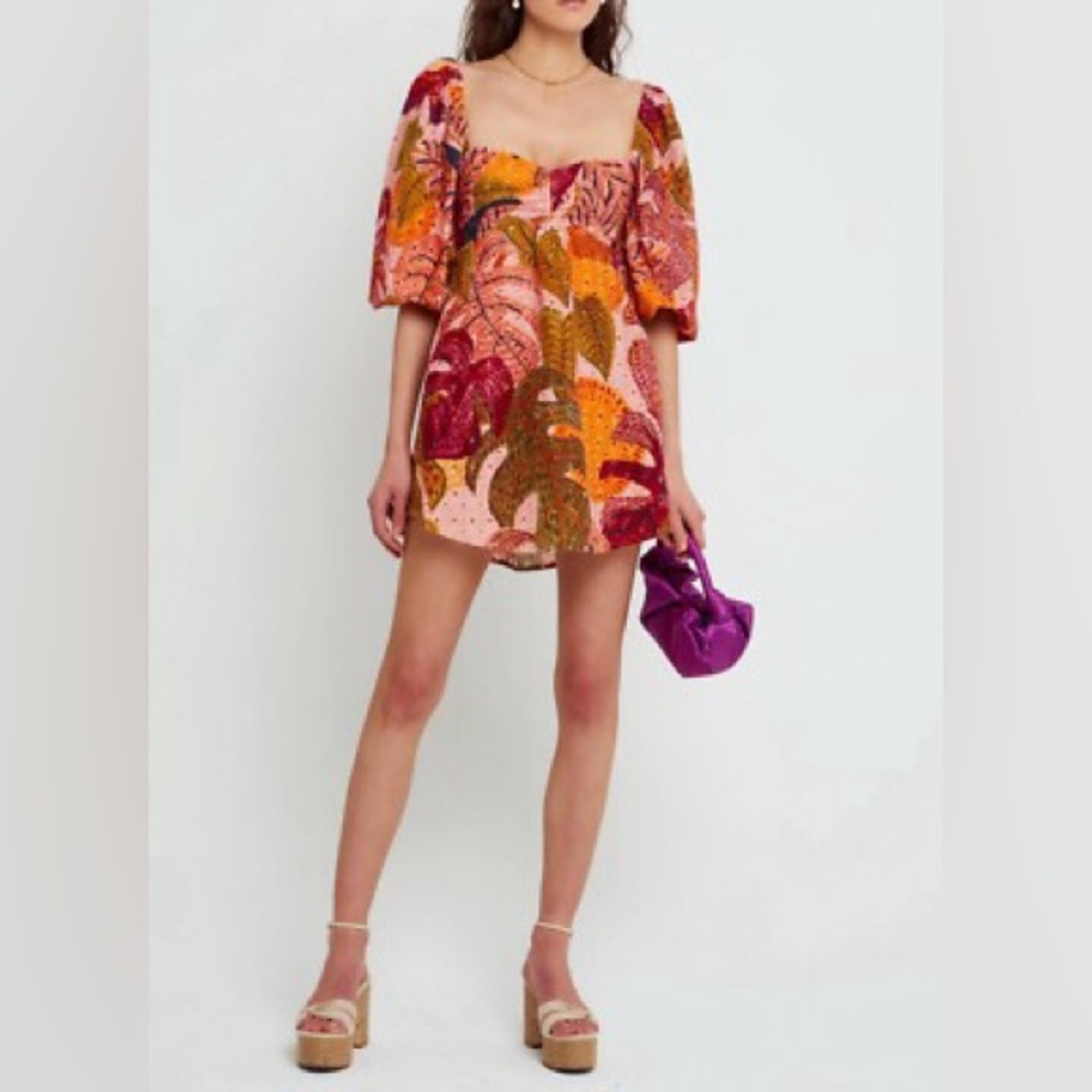 Kourt Eyelet Cotton Multi Palm Print Mini Dress Size Small Puff Sleeve